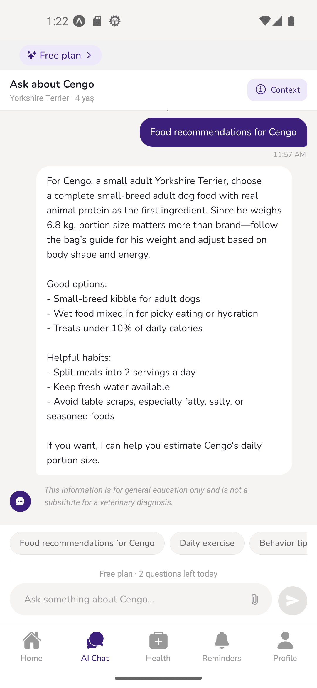 Ask an AI pet assistant anytime - Pavlov pet care app screen